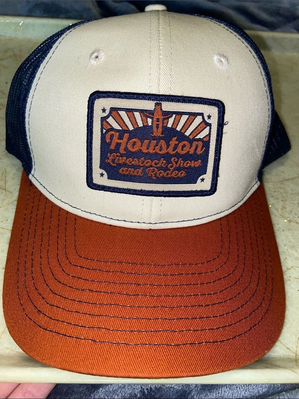 Houston Livestock show and Rodeo Trucker Hat with Rust Brim SnapBack
